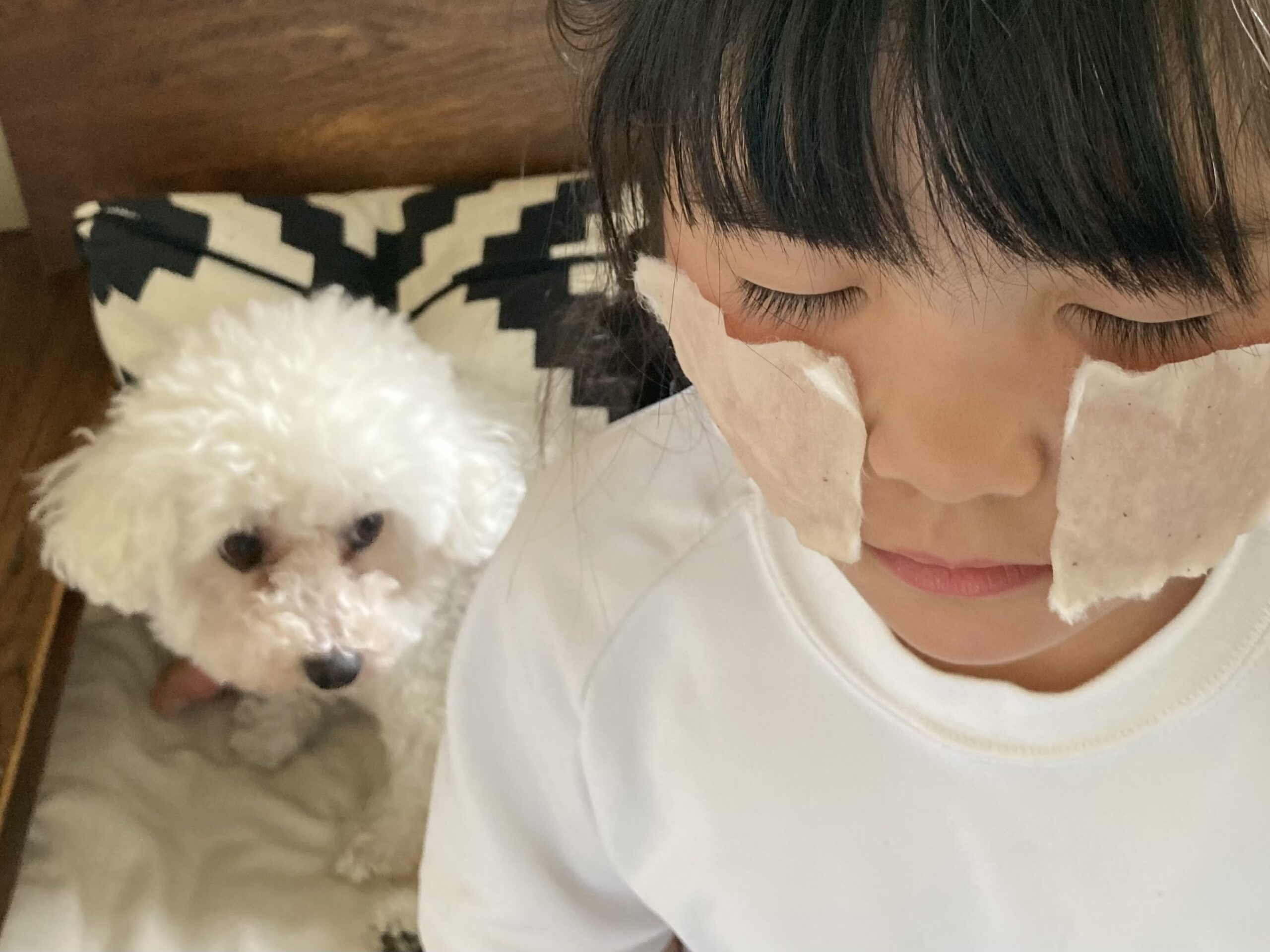 クレイローションを使ったコットンパックを両頬に載せる小学生がいる。後ろにはビションフリーぜがいる。